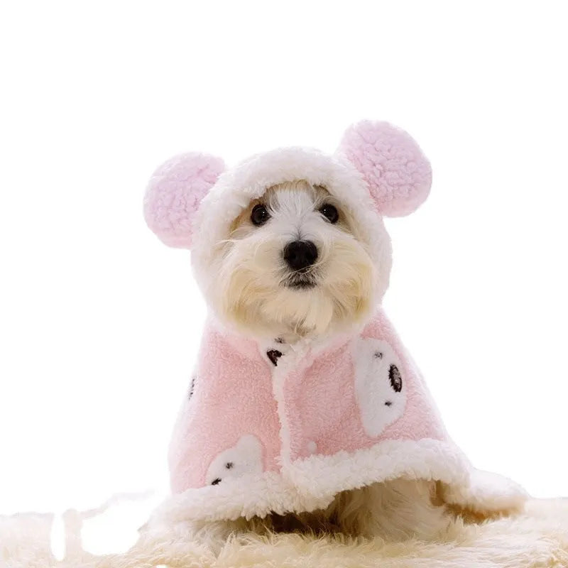 Coral fleece dog cloak robe warm bear cape in brown or pink, sizes S M L for small dogs