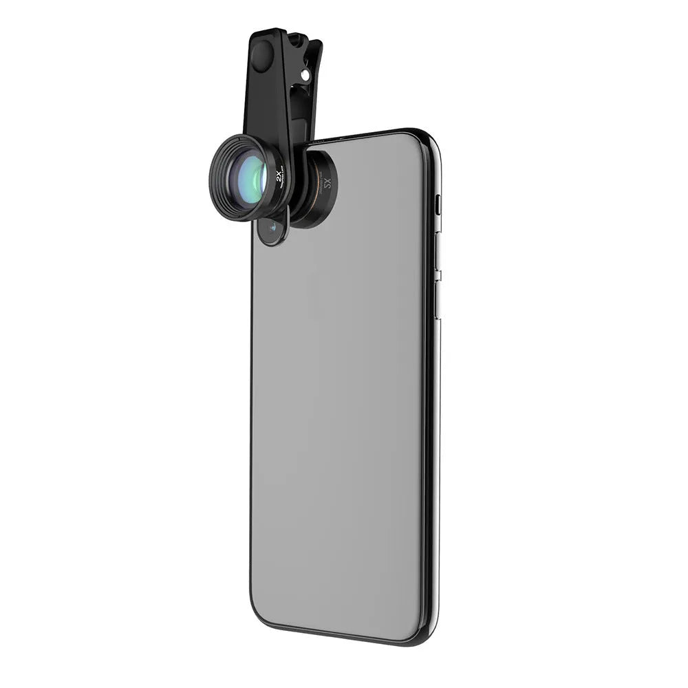 Black 6-in-1 smartphone camera lens kit with fisheye, wide-angle, macro, telephoto, CPL, and star filters next to universal clip.