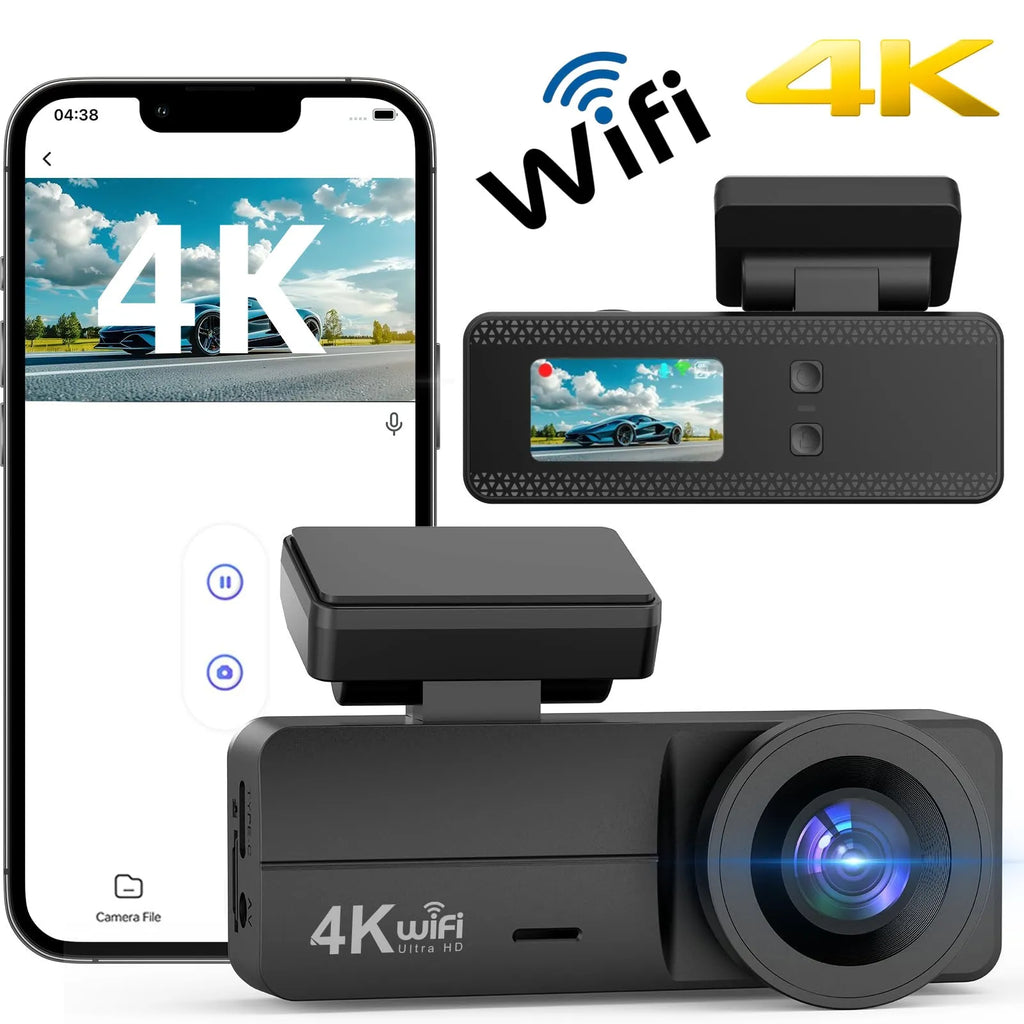 HD WiFi 4K driving recorder with loop recording, gravity sensor, and 1.5-inch IPS display in black