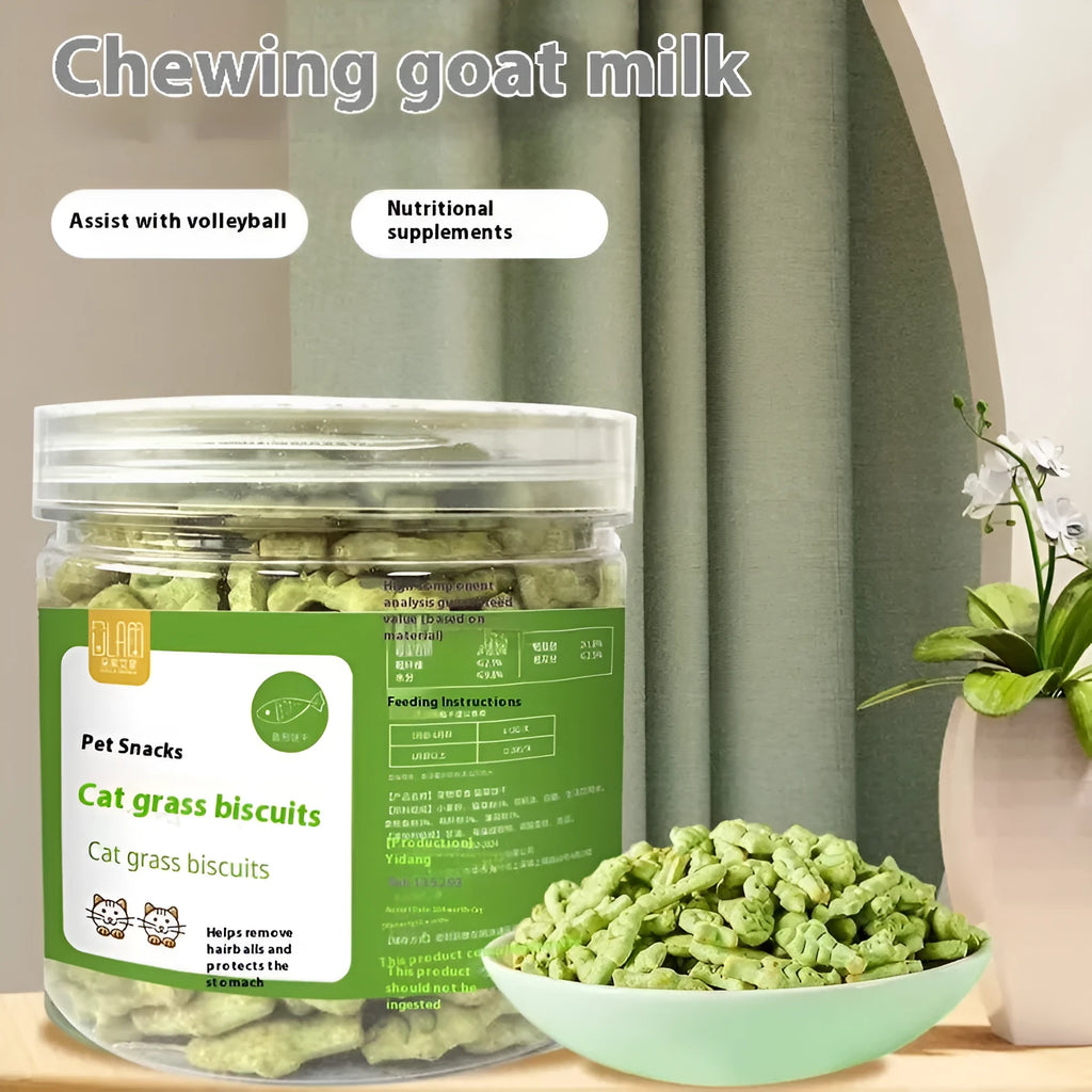 300 or 830 count cat grass snack biscuits in small fish shape, in a container