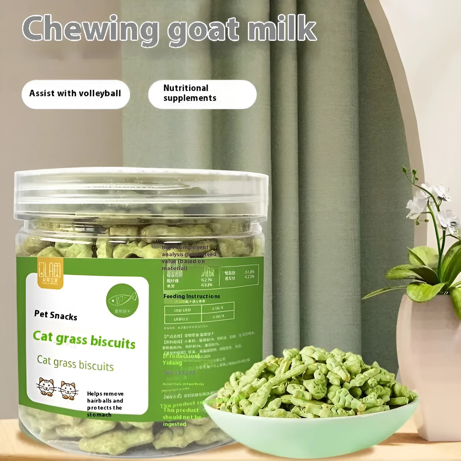 300 or 830 count cat grass snack biscuits in small fish shape, in a container