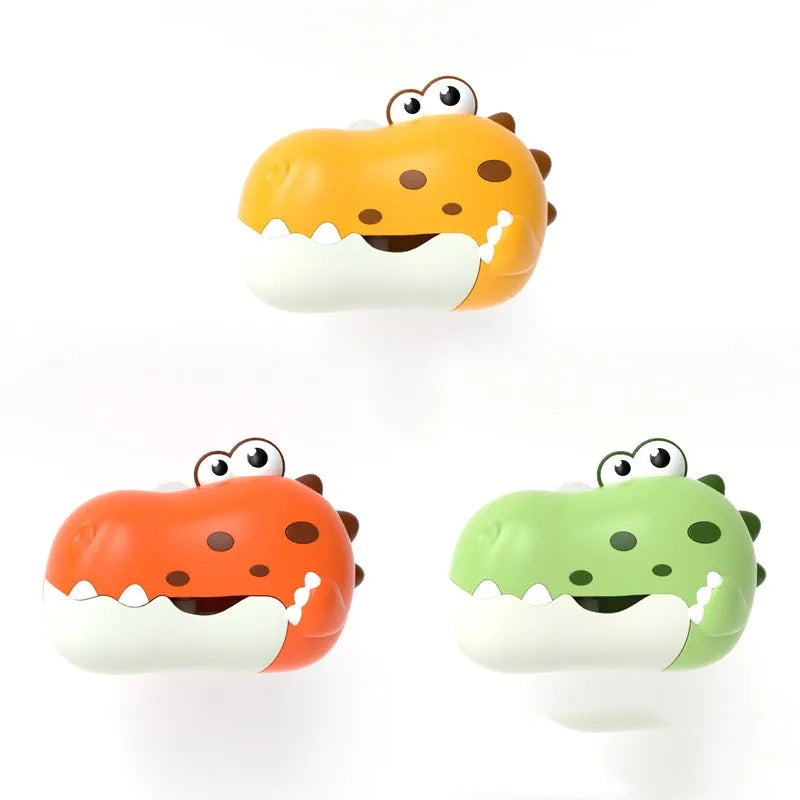 Dinosaur spit bubble machine in yellow plastic for bathroom water play, 21x15x8.5cm