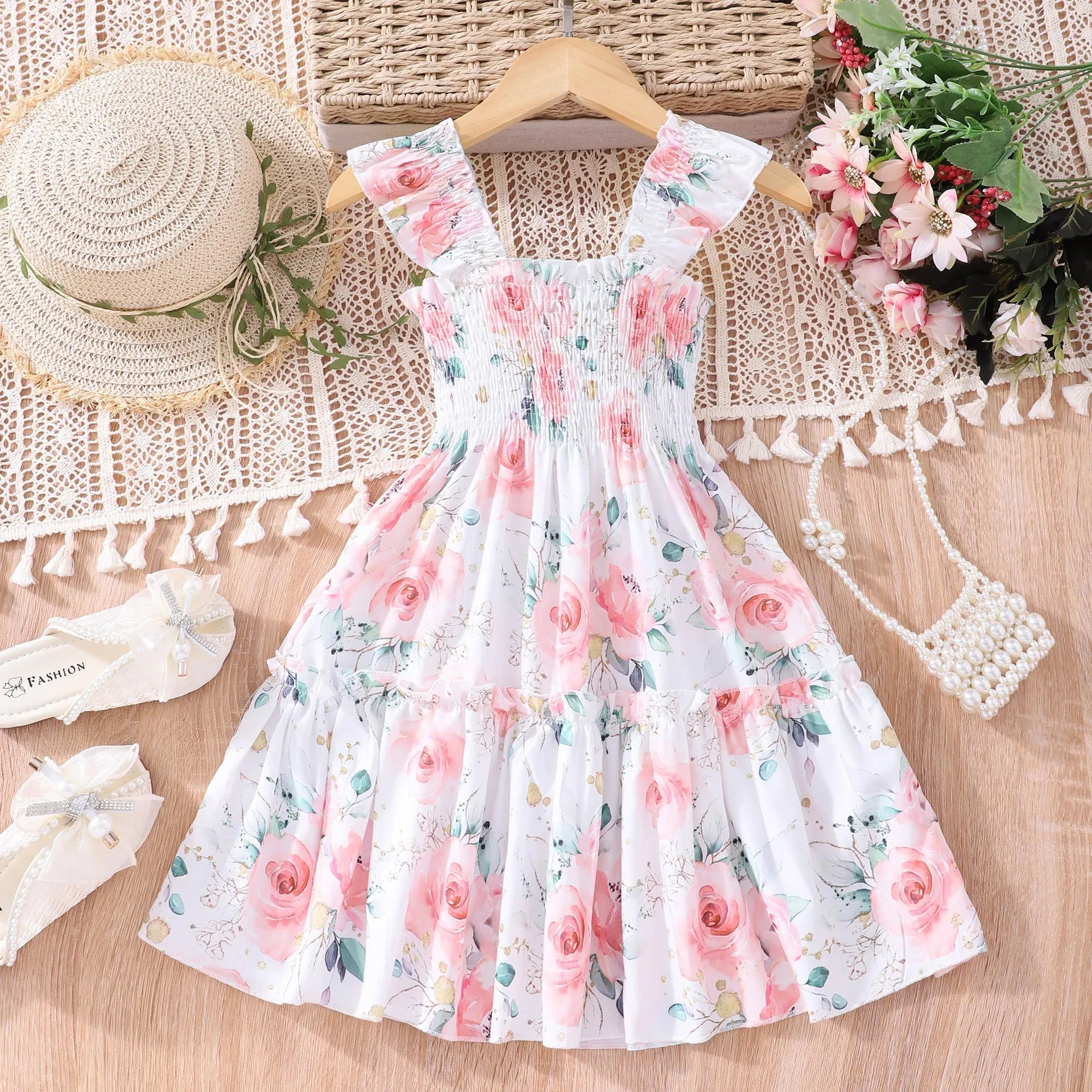 Children sleeveless smocking multicolor dress with leopard print butterfly and rainbow design for girls ages 2-7