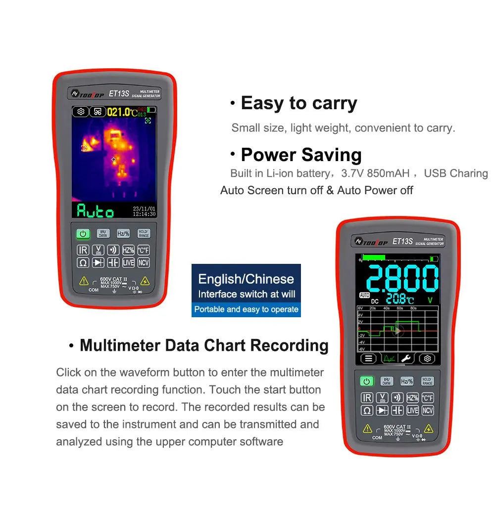 ET13S thermal imaging multimeter showing 2.8-inch touch screen display and compact handheld design