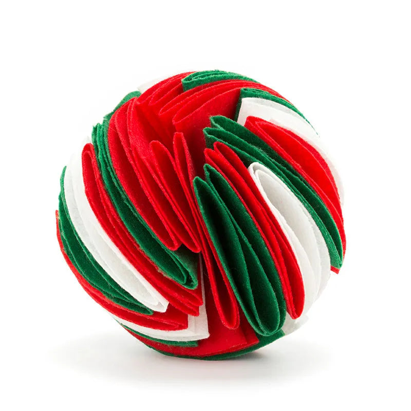 Foldable dog snuffle ball in polar fleece fabric, size L 20 cm, beige brown green colour, on a light background