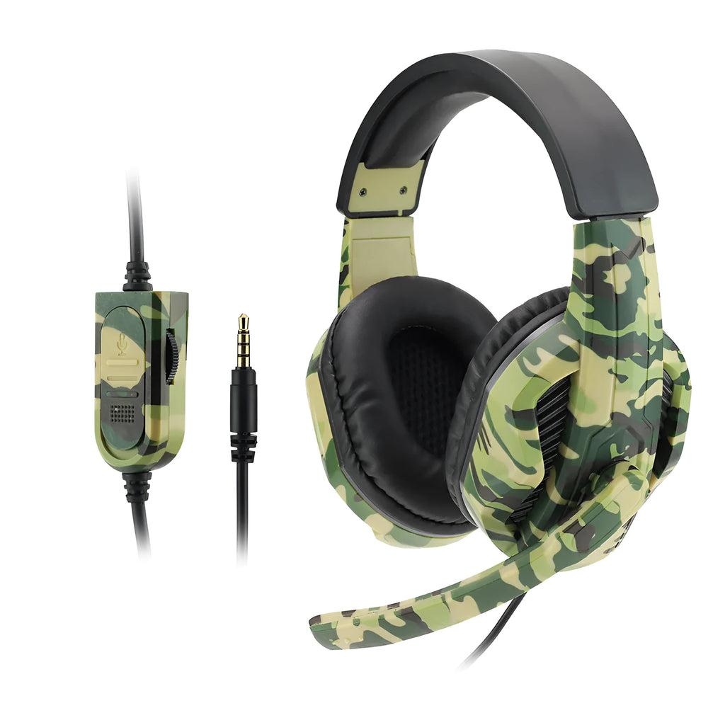 Army Green camouflage wired gaming headset with a flexible microphone and large black earcups on a grey background.