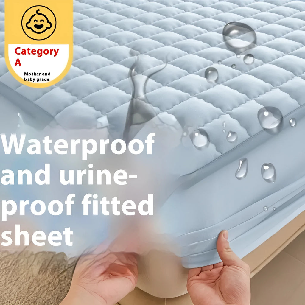 Blue waterproof fitted sheet with elasticated corners on a mattress.