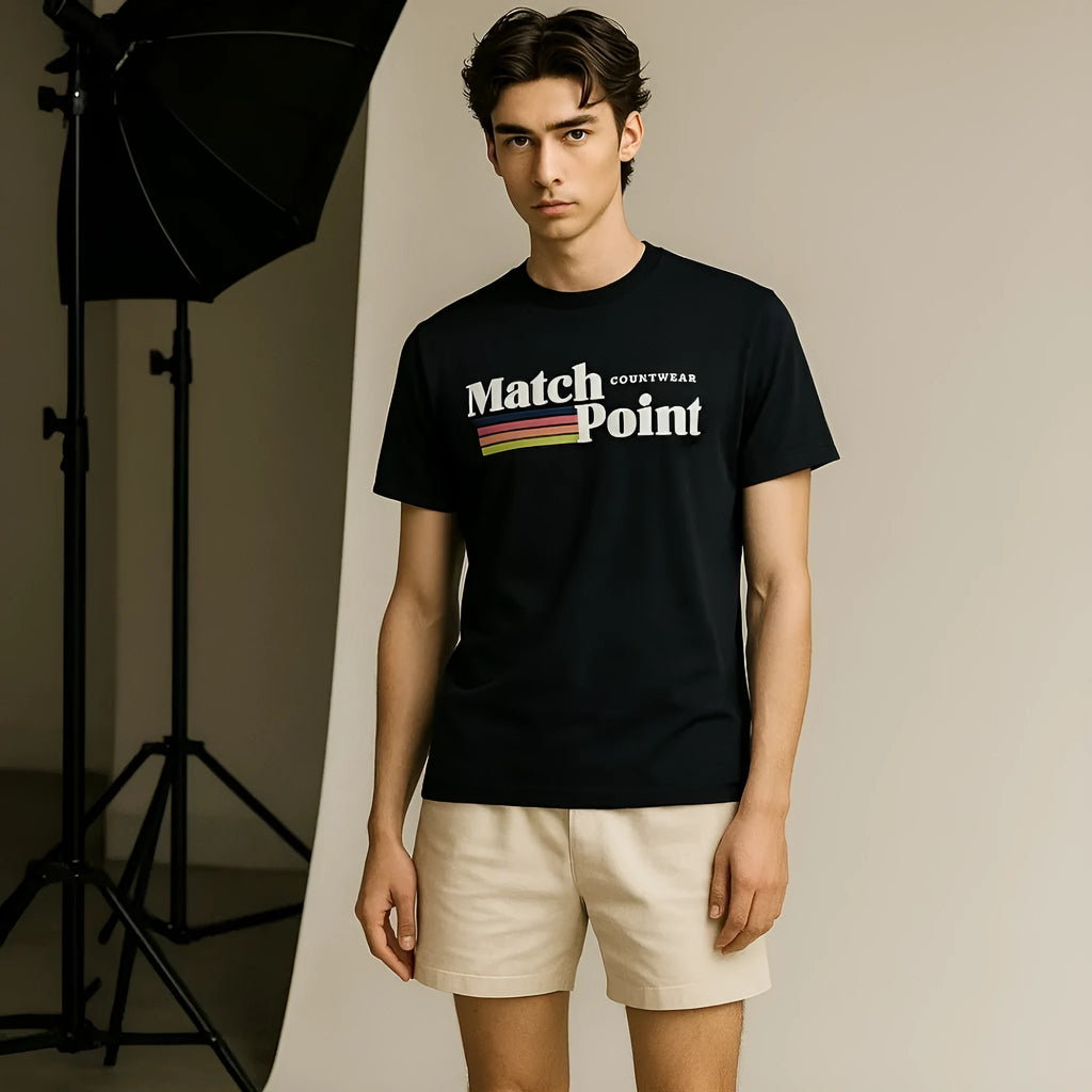 Black men's t-shirt with a colourful 3D digital printed pattern on the front, showing short sleeves and a round neck.
