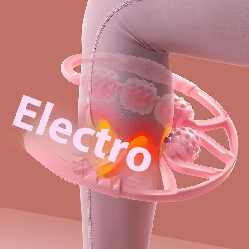 Handheld 12-wheel leg massage roller in macaron pink colour on a white background.