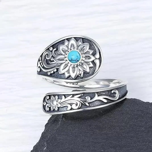 Silver alloy adjustable ring with sunflower flower shape and turquoise accent, Bohemian style for women