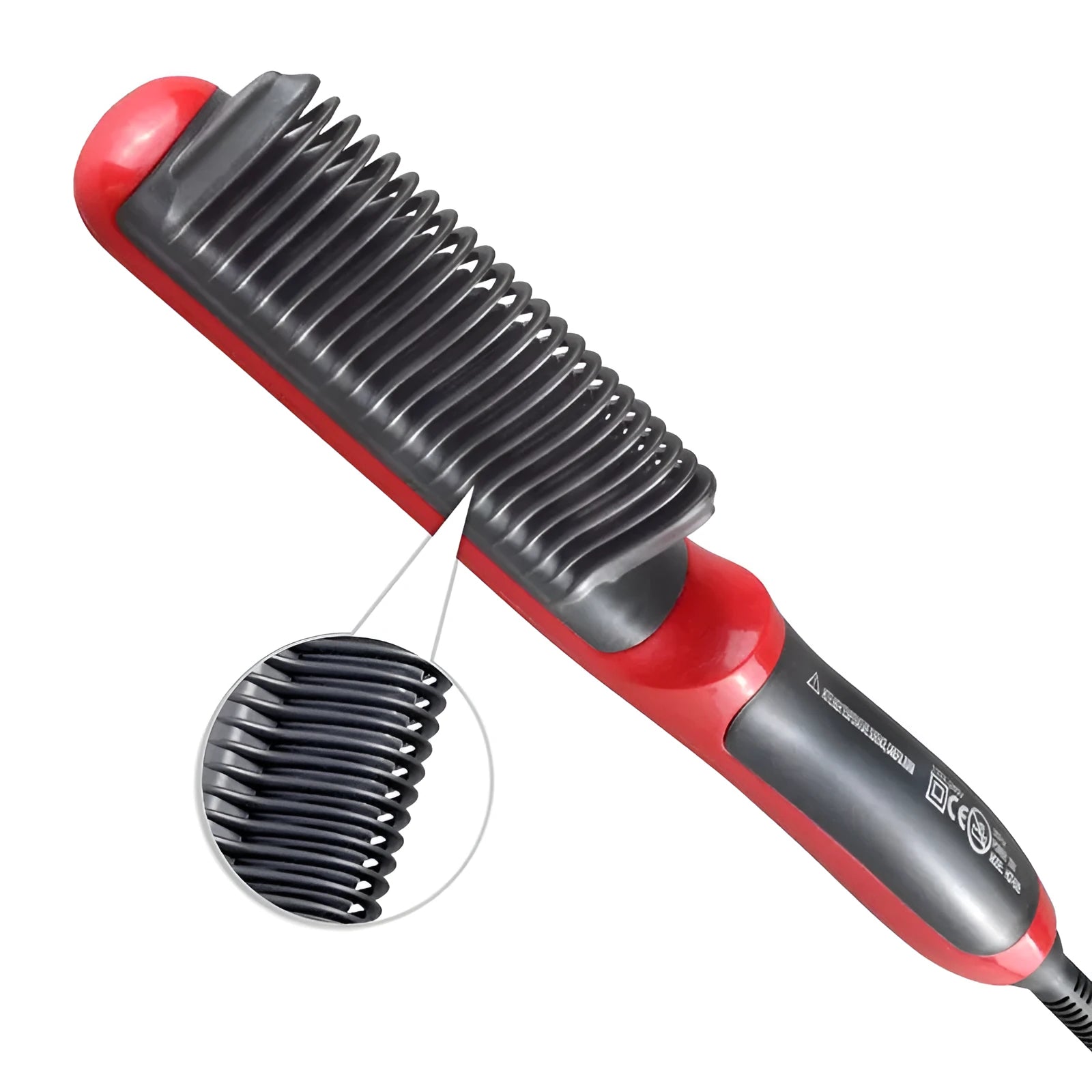 Black and red ceramic hair straightening brush with heated teeth and LED display on white background