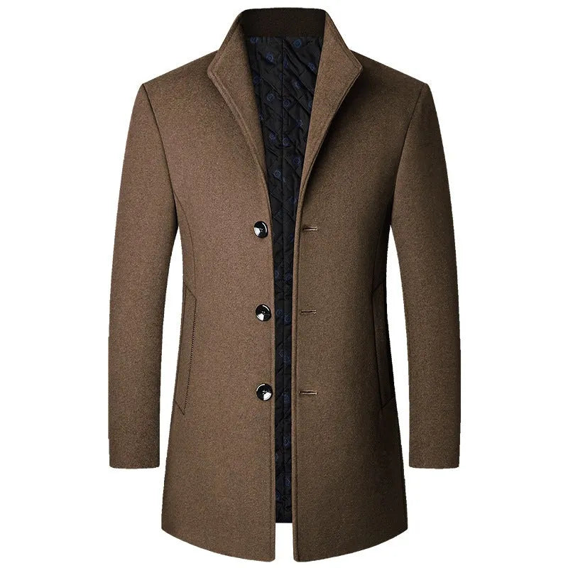 Men's casual woolen coat in solid colour, light business style, front view, available in multiple sizes and colours.