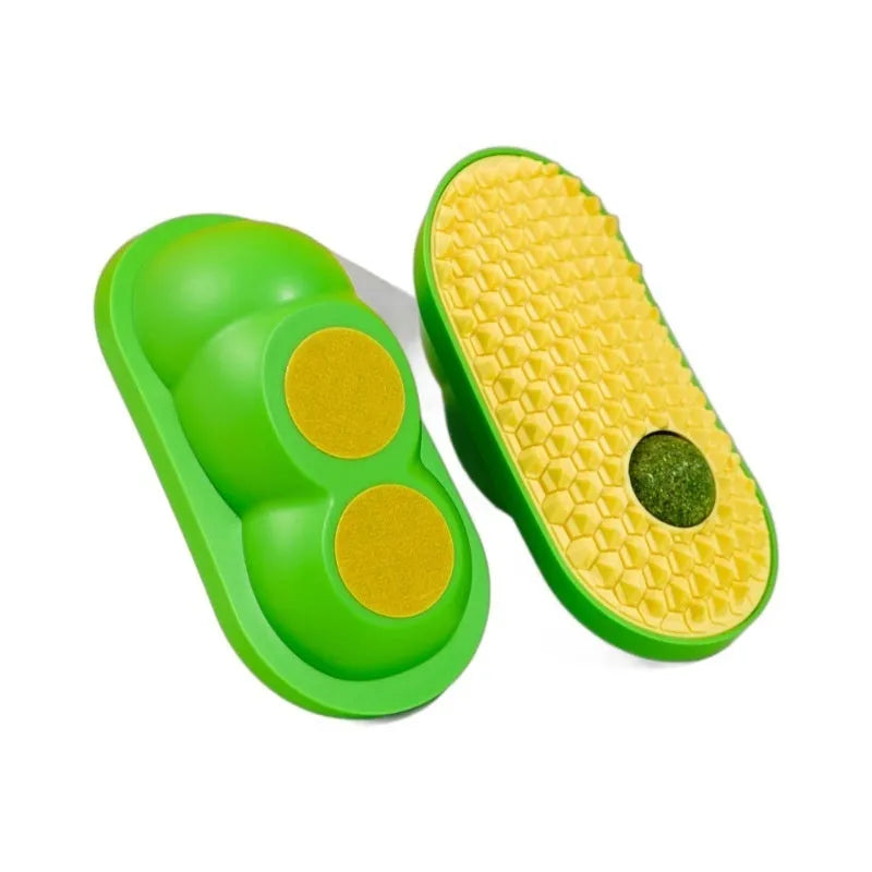 Cat self-service scratching toy in yellow, green, and pink made from ABS and TPE materials measuring 14x6.5cm
