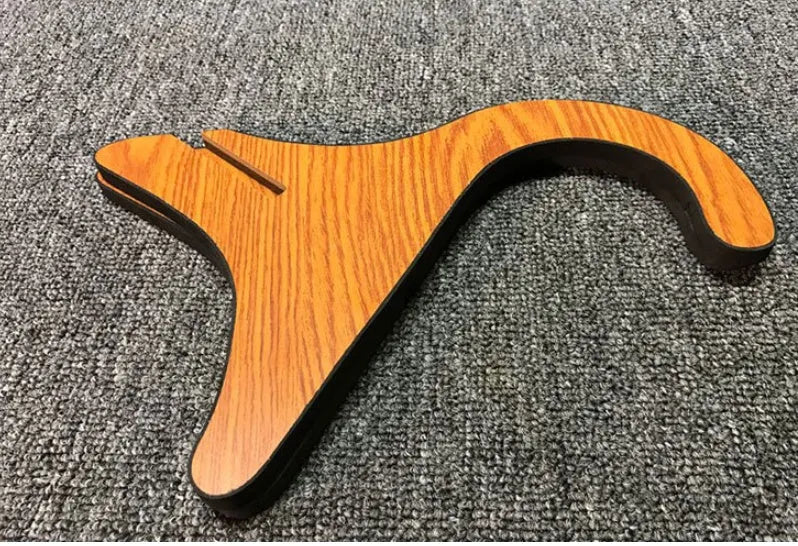 Wooden folding ukulele stand with EVA anti-slip foam holding a ukulele upright