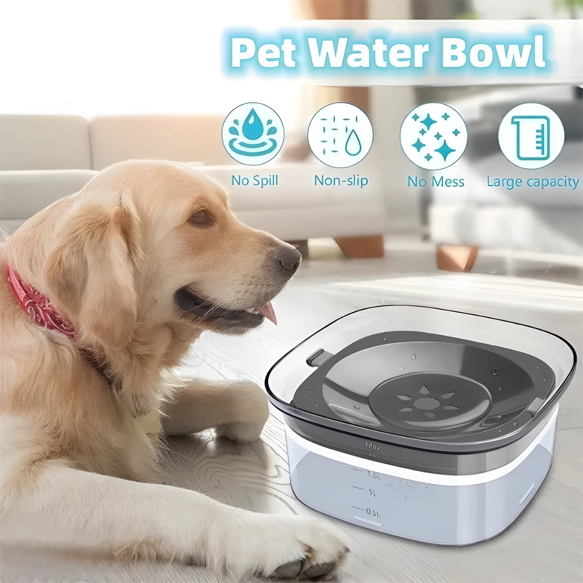 Transparent large 70oz dog water bowl with floating slow drink disk and non-slip base
