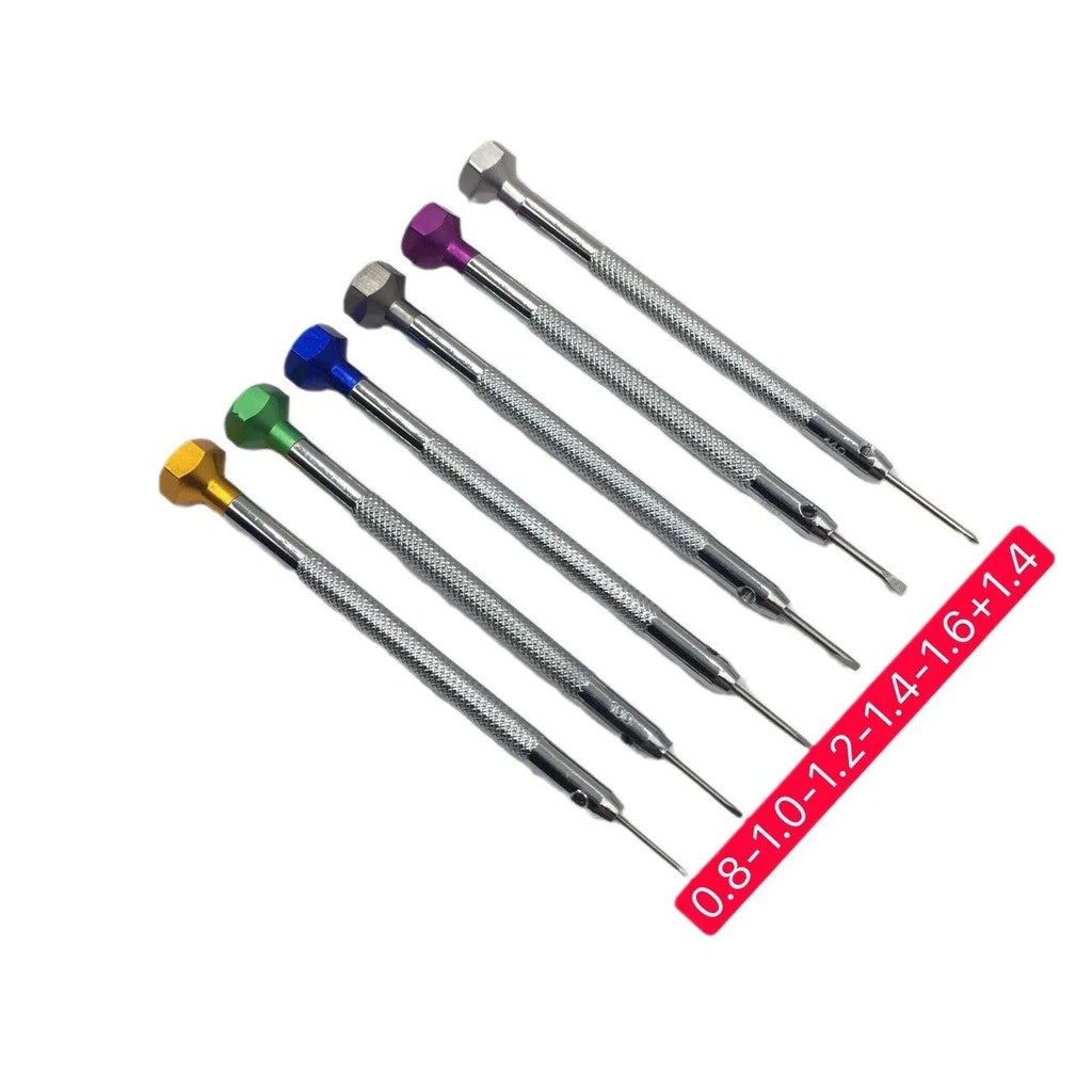 Six watch repair screwdrivers with coloured aluminium handles and copper grips for precision timepiece maintenance