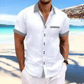 Man wearing a slim fit, short sleeve striped casual shirt in pure cotton.