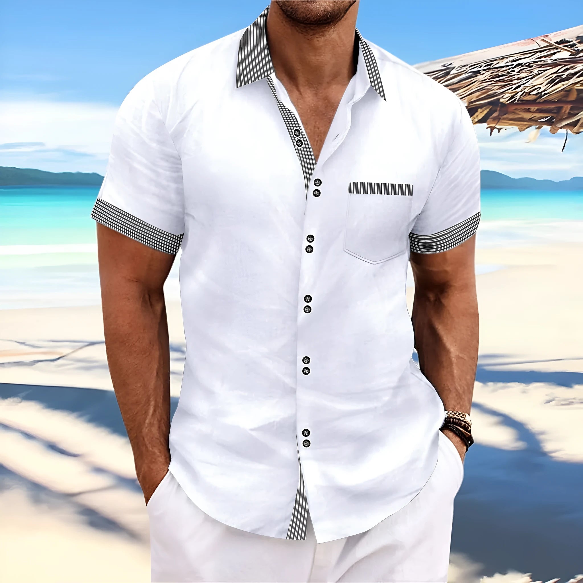Man wearing a slim fit, short sleeve striped casual shirt in pure cotton.