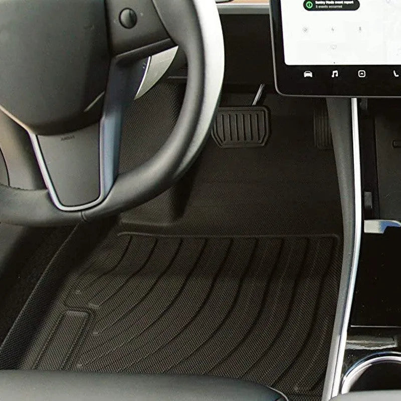 Black rubber floor mat with TPE footrest for Tesla Model 3, Y, S, and X cars