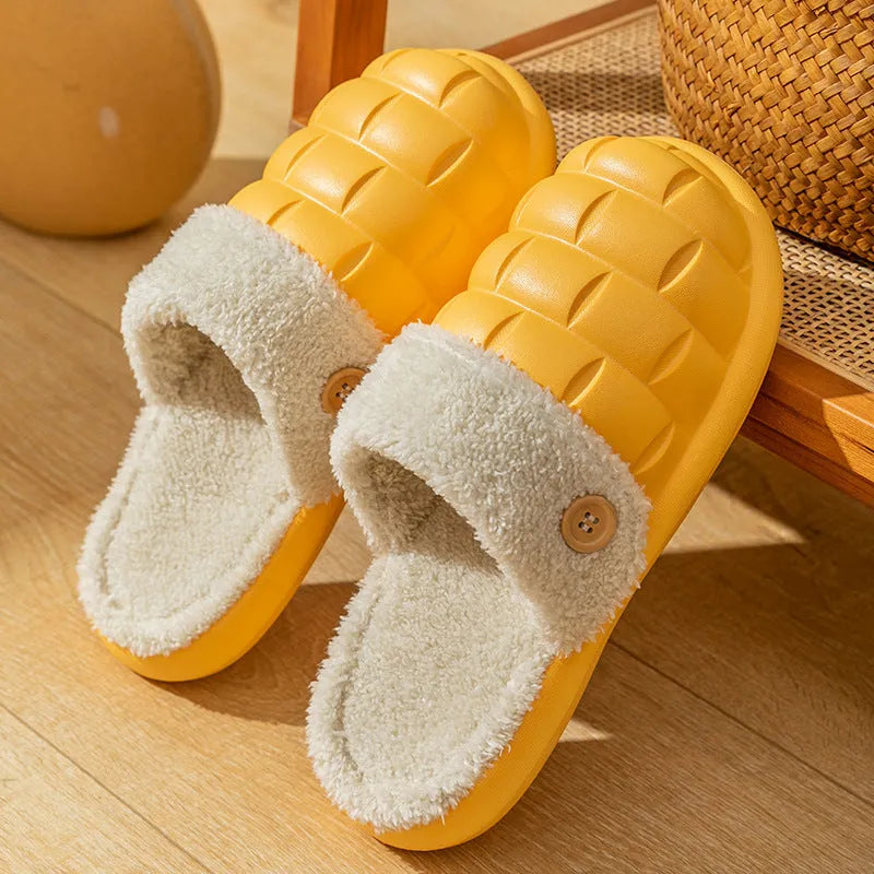 Pink and grey plaid detachable slippers with a soft plush interior and a textured white EVA non-slip sole.