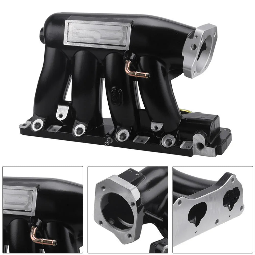 Cast aluminium intake manifold for Honda K series with 72mm throttle body opening, silver or black.