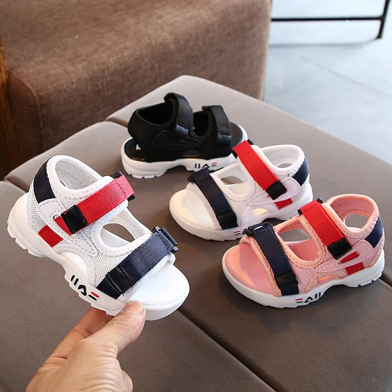 Toddler beach shoes with super fibre leather upper, rubber antiskid sole, Velcro fastening, black pink white, sizes 21-30
