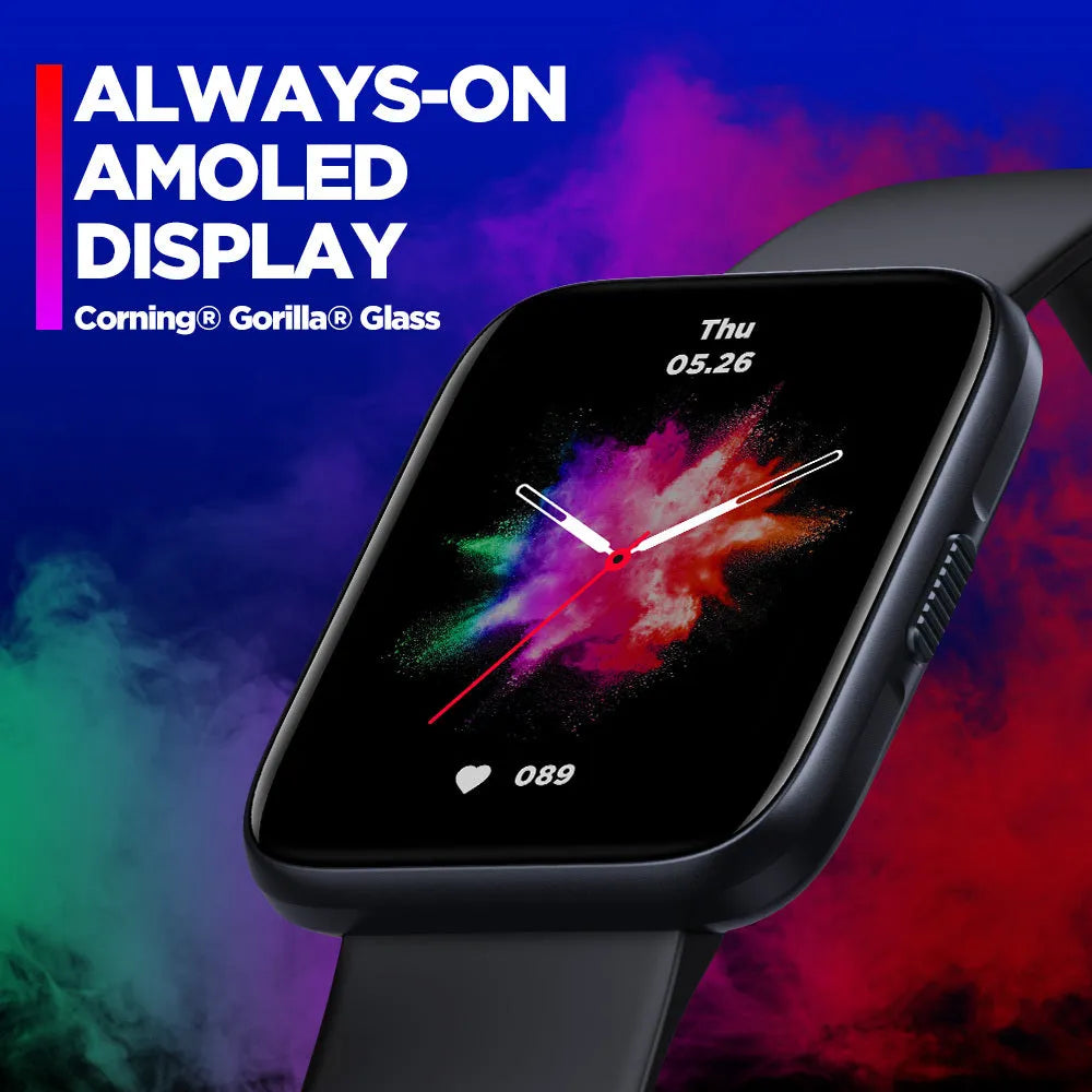 Black GPS sports smart watch with rubber strap showing health monitoring display