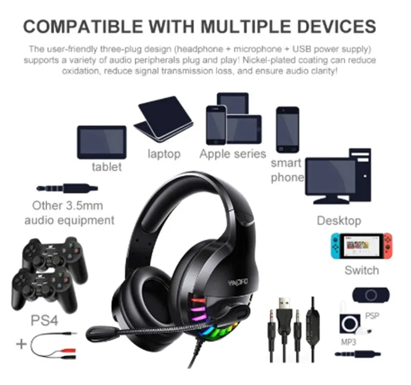Black wired gaming headset with microphone and line control sound card featuring 3.5mm plug