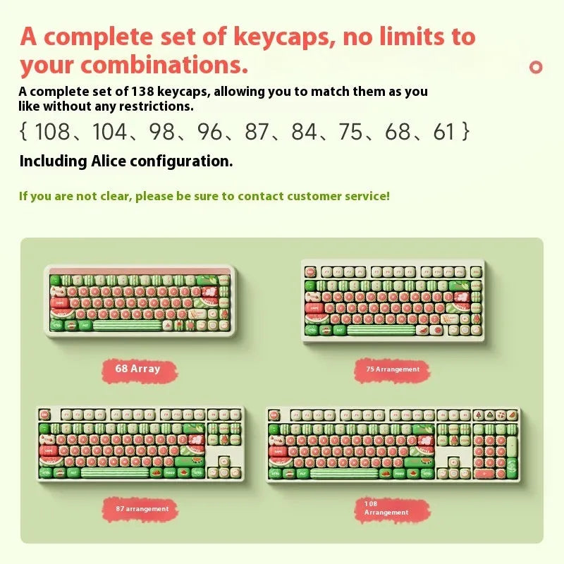 Watermelon theme PBT key cap set for mechanical keyboards, showing Xia Yang colour design on small steamed bun profile caps.