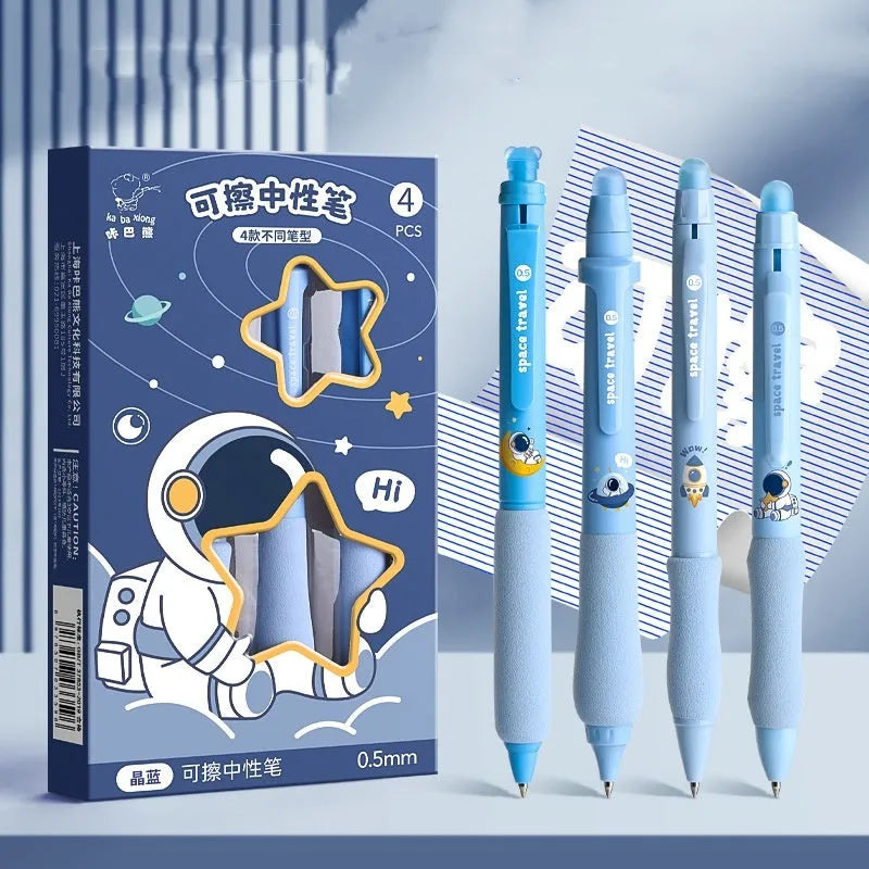 Cartoon-designed plastic gel pen with 0.5mm tip and erasable ink in black or blue.