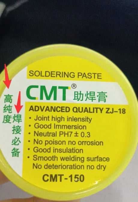 Container of rosin soldering flux paste for use with an electric soldering iron.