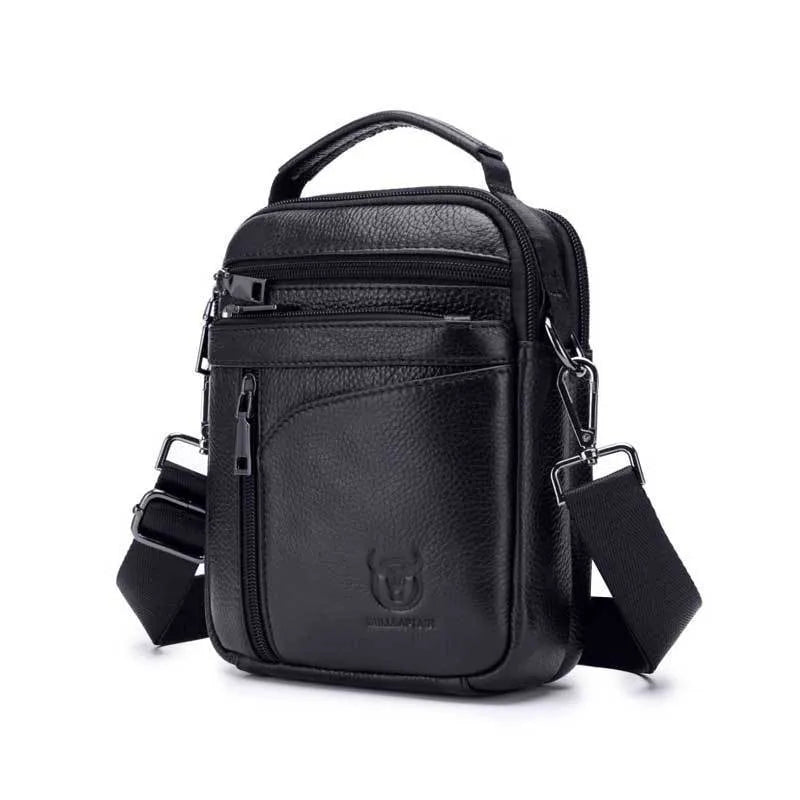 Men's black genuine leather shoulder messenger bag, wear-resistant, retro style for travel