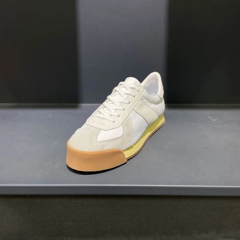 Men's summer sports shoes with cow suede leather upper and raised sole in black, grey, orange or white