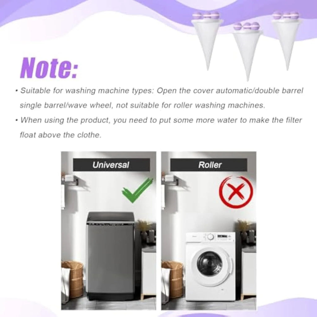 Three reusable washing machine hair filter bags in pink blue purple colours for pet hair removal