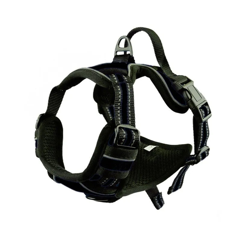 Adjustable dog chest harness in Oxford cloth, shown in multiple colours including red, blue, and black.