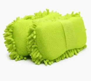 Silver green rectangular Chenille microfiber car wash sponge measuring 14cm by 25cm