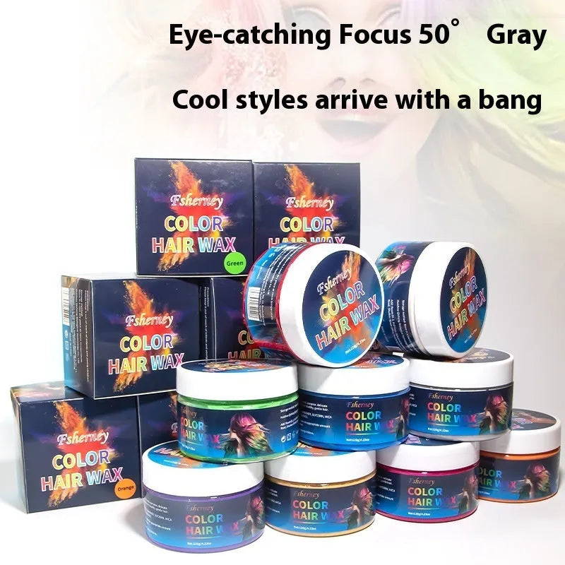 A 120g tub of hair styling clay for strong hold and colour, shown in one of nine available shades.