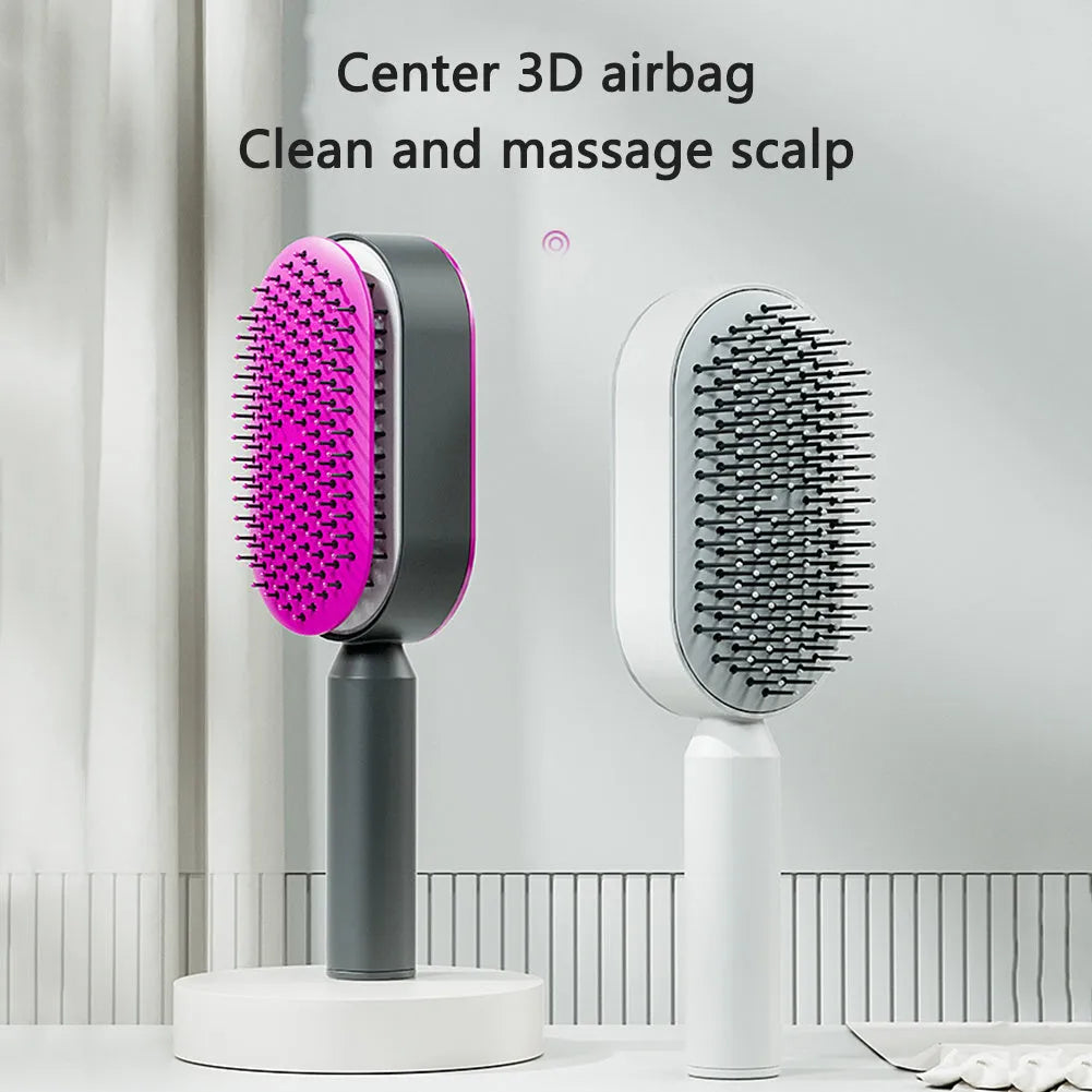 Self-cleaning hair brush with air cushion design in black gold, white, or black purple colours