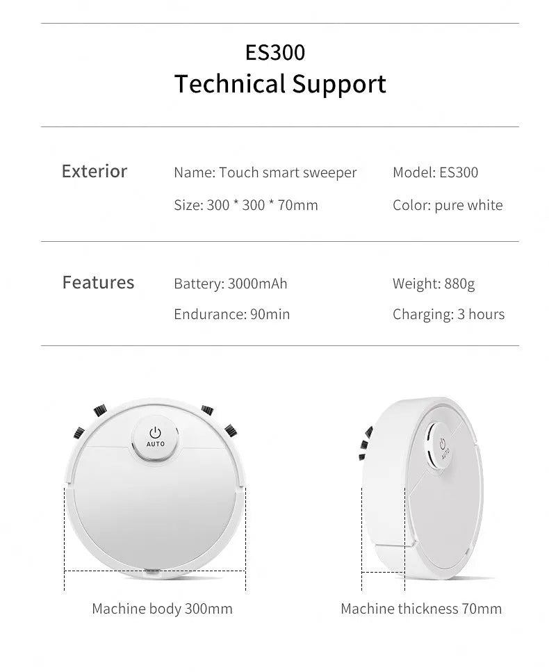 Automatic sweeping robot cleaner with circular ABS plastic body on a hard floor.