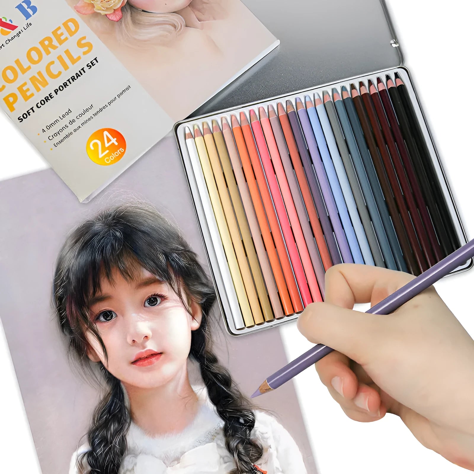 Set of 24 skin colour portrait pencils in an iron box round brush pot.