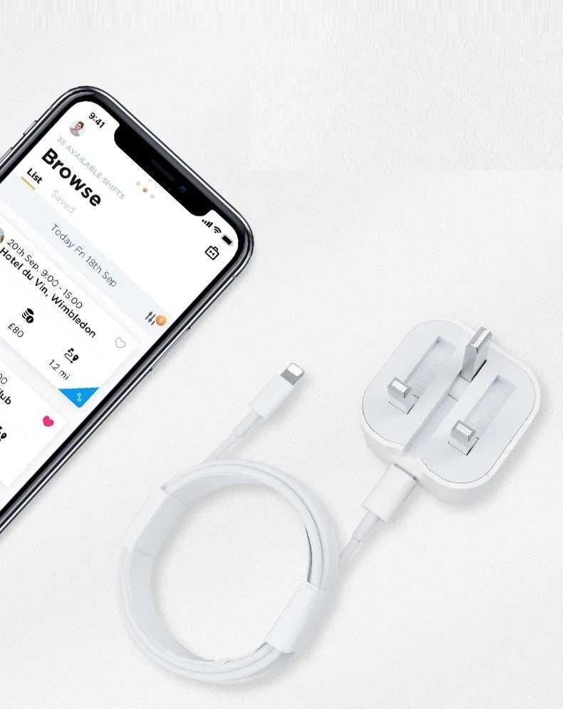 White 20W PD fast charger with UK plug and a USB Type-C charging cable.