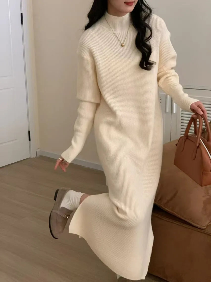 Acrylic half turtleneck knee-length knit dress in khaki colour with long sleeves.