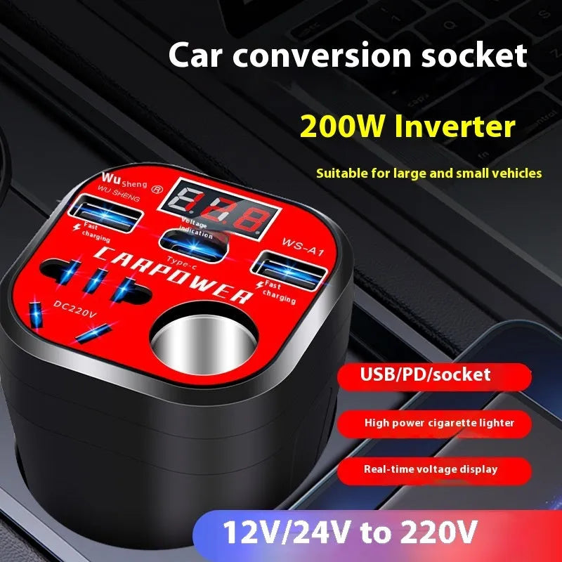 200W car inverter converting 12V/24V to 220V with USB, Type-C, and cigarette lighter expansion port