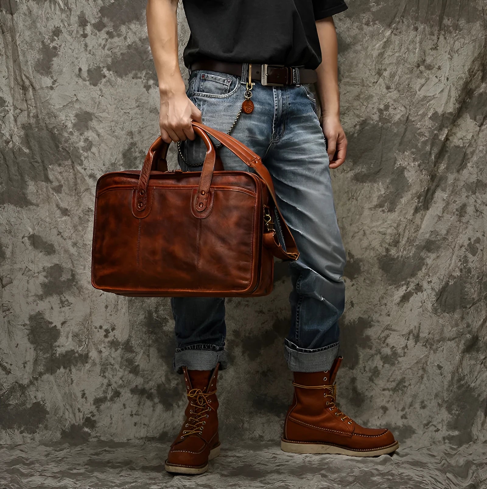 Brown vintage men's leather briefcase open to show internal laptop, document, and camera pockets.