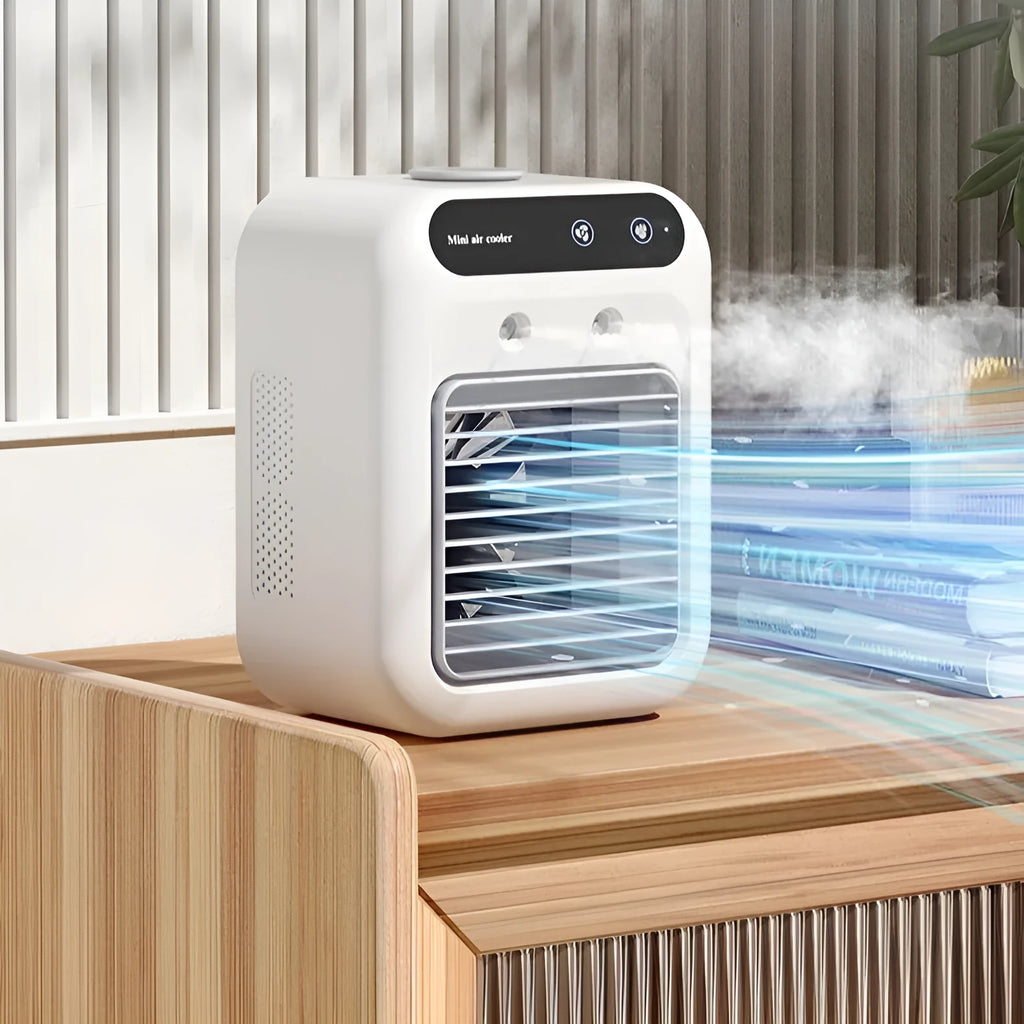 Ivory white portable USB air cooler fan with touchscreen panel on a desk
