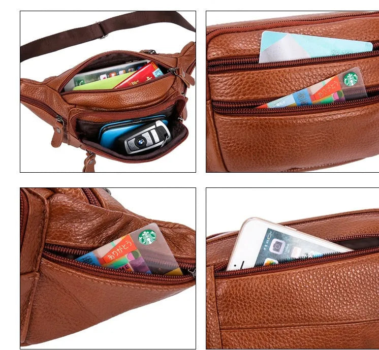 Cowhide men's belt bag in brown leather, horizontal square shape with zipper, size 23x13x8cm on model