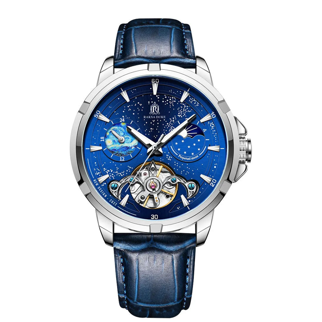 Blue men's automatic skeleton watch with stainless steel bracelet and day-date window