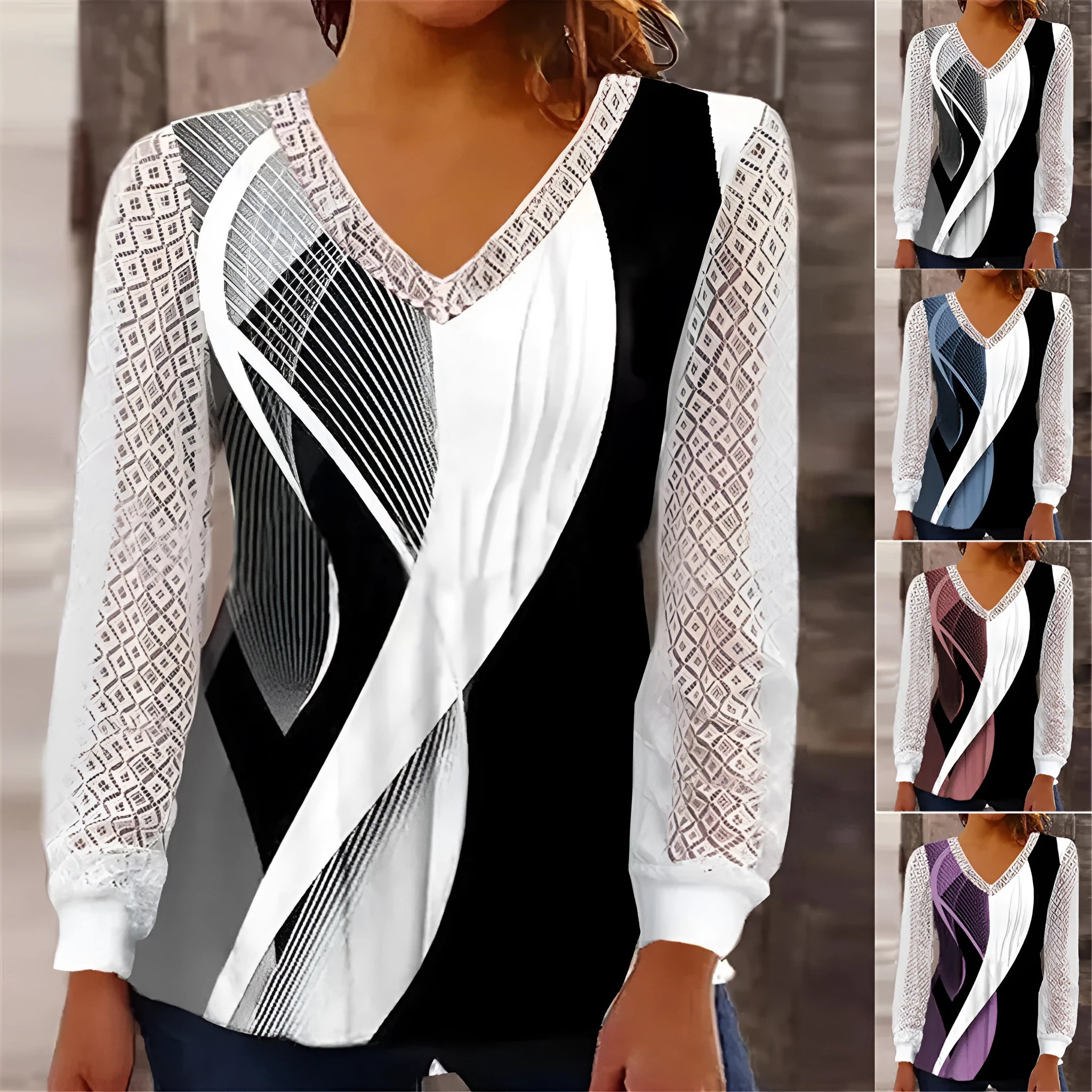 Purple women's loose V-neck top with hollow-out lace detailing on a hanger.