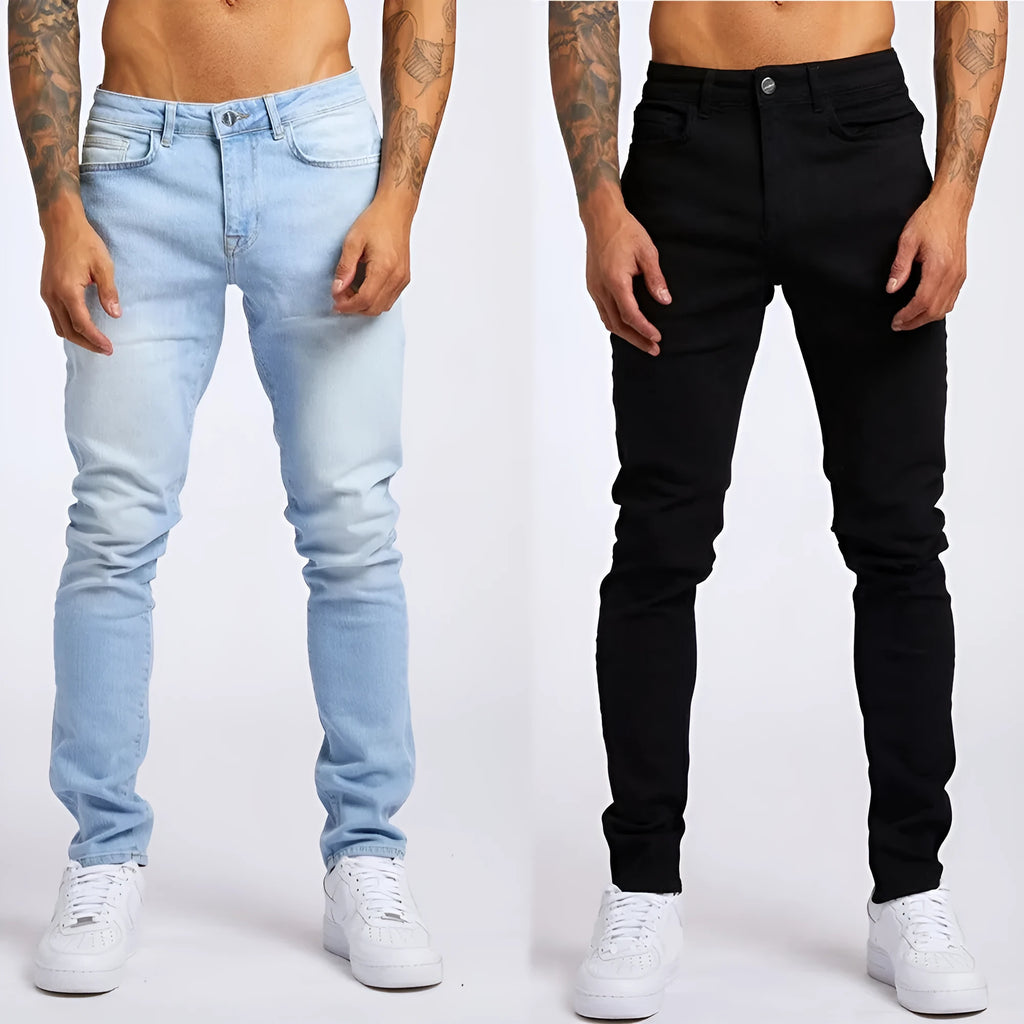 Men's cotton slim fit high waist jeans in light blue solid colour front view