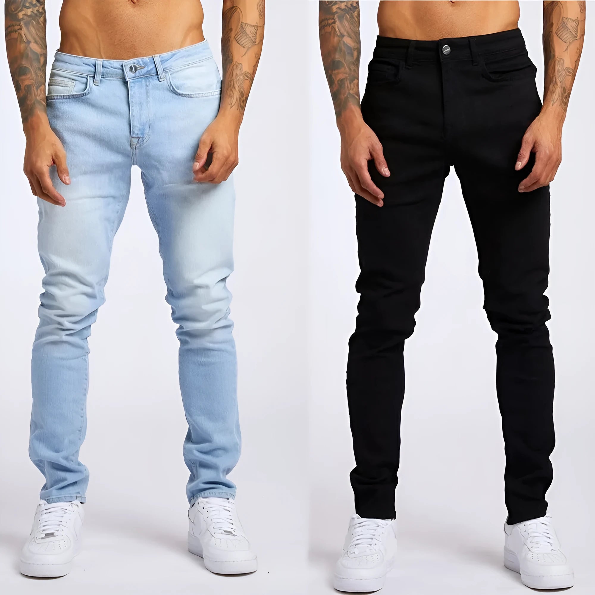 Men's cotton slim fit high waist jeans in light blue solid colour front view